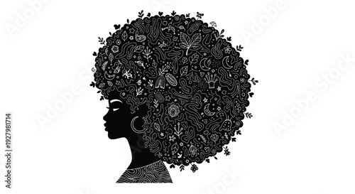 A striking black silhouette of a woman's head in profile features her voluminous afro hair intricately patterned with leaves, insects, and abstract designs on a white canvas.