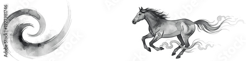 Watercolor style running horse with a spiral brush stroke, both in grayscale with visible texture isolated on white background