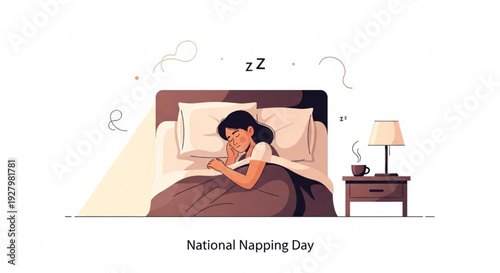 National Napping Day Peaceful Person Sleeping on Cozy Bed with Pillows and Blanket Vector Illustration