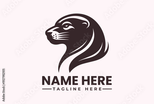 A monochromatic illustration of a lion's head logo with a placeholder name and tagline on a light pink background, featuring a stylized vector design.
