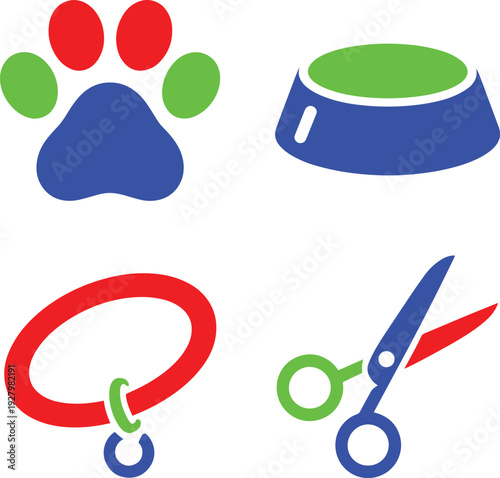Pet grooming and care icons set with animal paw bowl collar and scissors for veterinary shop