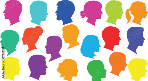 Twenty distinct human head silhouettes, each in a vivid, single color, are arranged in a grid pattern against a clean white background.