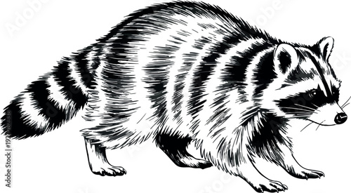 Hand Drawn Raccoon Sketch Detailed Black and White Wildlife Illustration Walking Raccoon Vector Art for Nature Lovers