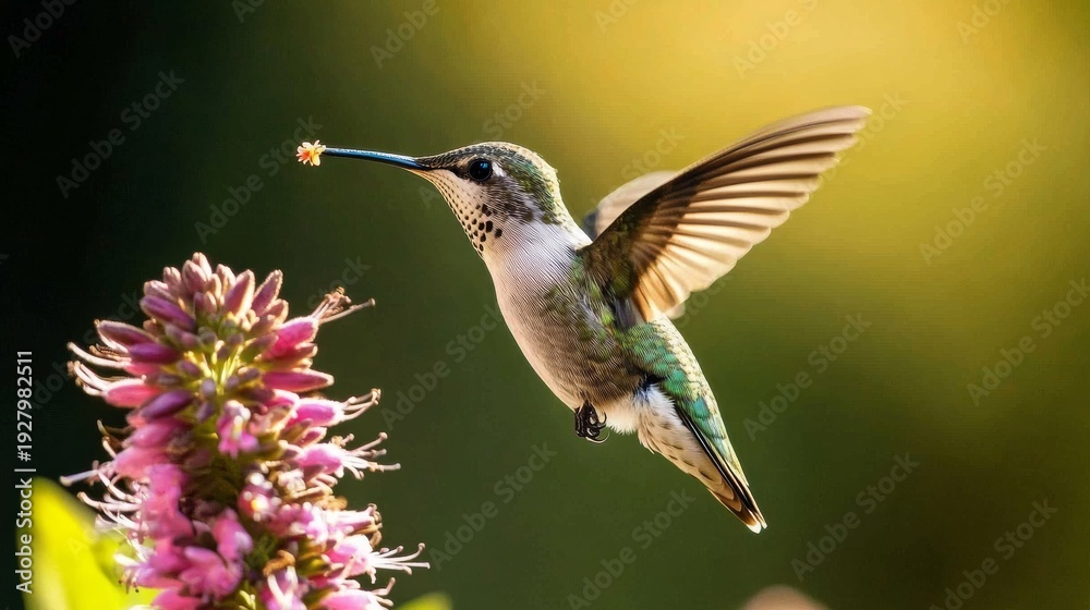 Fototapeta premium Hummingbird perches on flower with its beak open at daytime in garden with colorful blooms