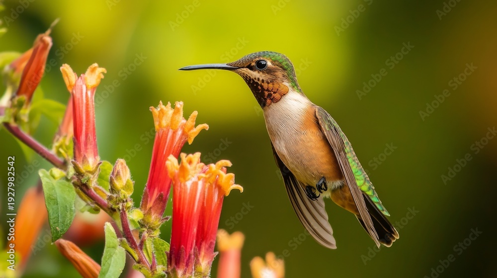 Obraz premium Hummingbird perches on bright flower with its beak open while surrounded by vibrant greenery in the afternoon sun