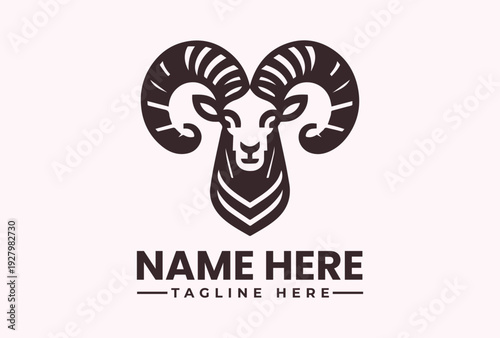 A logo design featuring a stylized ram's head with curved horns and a chevron-patterned beard on a light pink background with space for a business name and tagline.