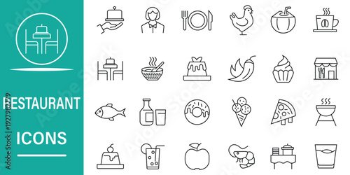 Restaurant editable outline icons set. Dining, meal, menu, business, cooking, fish, food delivery, meat, culinary, beverage, and more concept. Vector illustration.