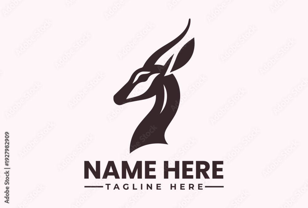 Obraz premium A minimalist logo design featuring a stylized antelope head in black silhouette on a light pink background with placeholder text for a company name and tagline.