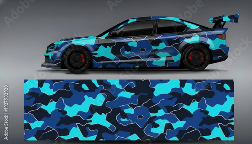 Side view of a sleek sports car showcasing a vibrant blue camouflage vinyl wrap design, accompanied by a full pattern swatch below.