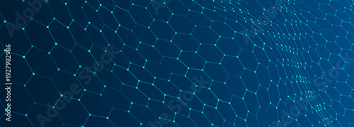 A vibrant hexagonal grid gently curves like a living digital fabric. A futuristic hexagonal background. Glowing nodes are connected by lines, forming a honeycomb structure.