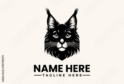 A black cat head logo illustration with long fur and pointed ears on a beige background with space for a name and tagline in a modern vector design.