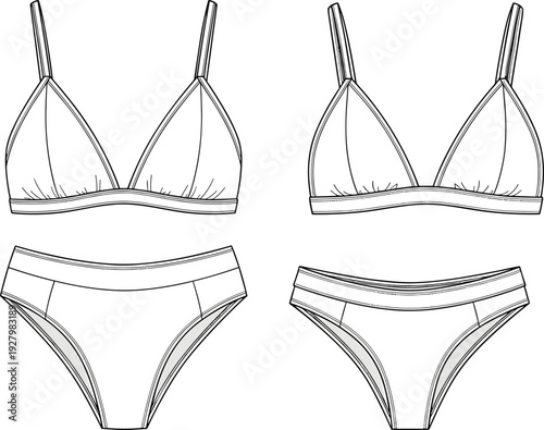 Women bralette and panties outline vector set, line art lingerie illustration isolated on white background fashion template