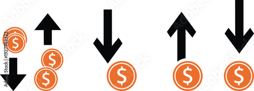 Financial growth and decline arrows with dollar coins, business profit loss vector illustration isolated on white background