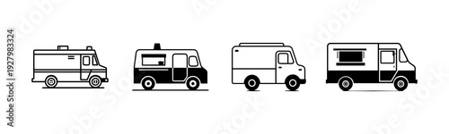 Stylized food trucks lined up, showcasing variety and unique