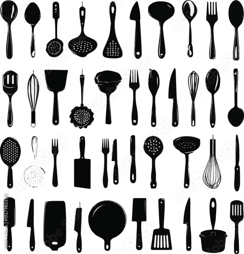 Set of kitchen utensils. Collection of Black Silhouettes of Kitchen Utensils and Cutlery of white background