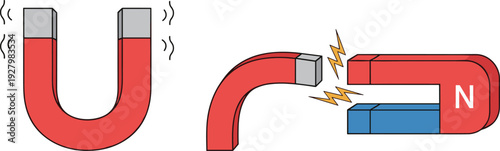 Horseshoe magnet vector illustration set, magnetic field attraction concept with red and blue poles isolated on white background