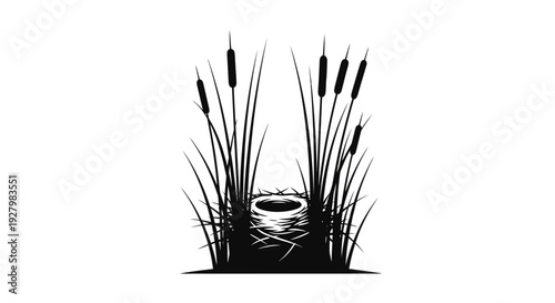 Black and white illustration of cattails and a nest.