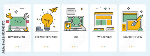 Digital Marketing and Web Services Icon Set. Flat Business Services Icons Development SEO Design. Modern Creative Agency Process Icons Collection.