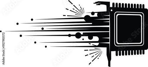 silhouette of a GPU chip with dynamic, abstract speed lines and radiating energy bursts emanating from its core, symbolizing high performance, a clean white background