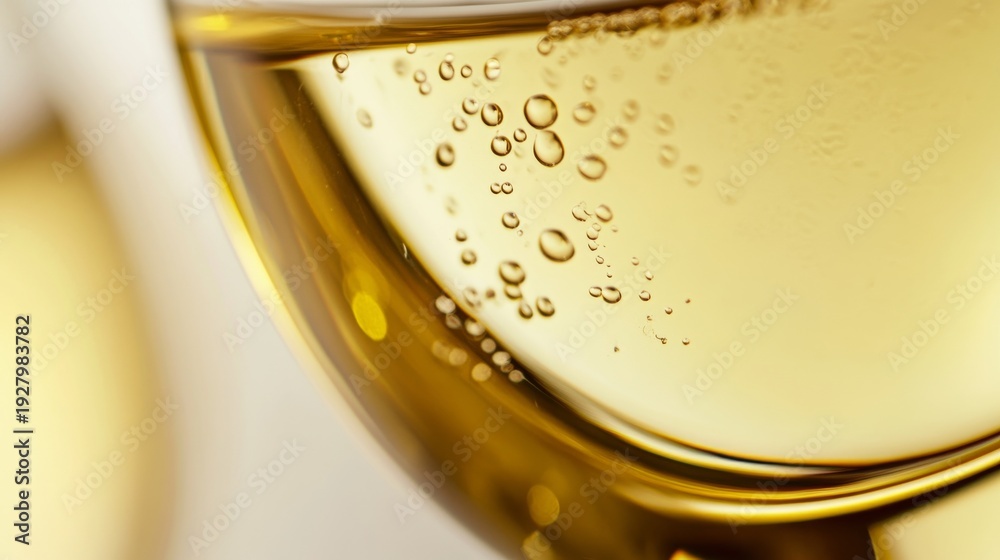 Fototapeta premium Macro shot showcasing bubbles in a glass of white wine on a simple background in a relaxed setting during evening hours