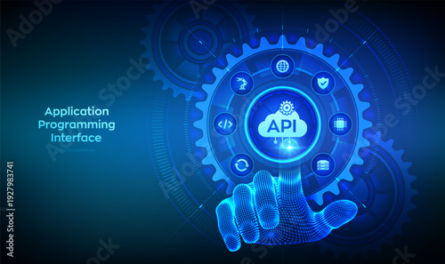 API. Application Programming Interface. Software development tool, cloud computing technology concept. Hand touching digital interface with interconnected gears and icons. Vector illustration.