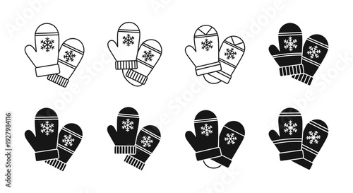 Eight pairs of stylized mittens, with snowflakes, presented in both outlined and solid black graphic representations.
