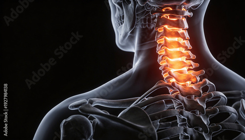 3D render of human skeleton with highlighted painful neck vertebrae on dark