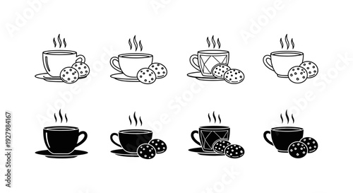 A collection of coffee cup icons paired with cookies, showing various styles and detailed outlines in black and white.