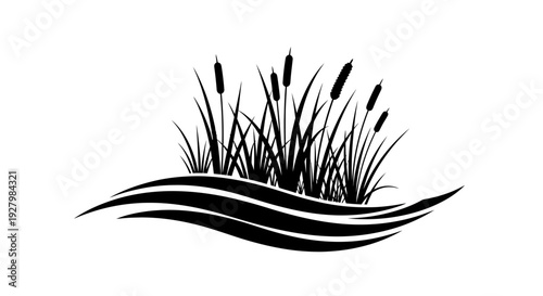 Black silhouette of cattails and wavy grass on white background.