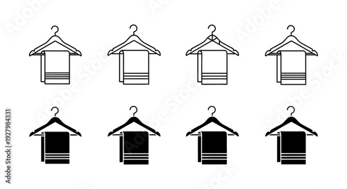 A set of eight minimalist icons showing clothes hangers with neatly folded towels, in outline and solid forms.