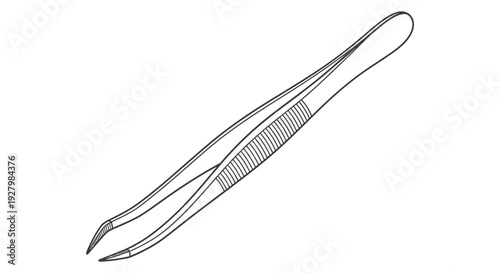 A detailed monochrome outline drawing illustrating a classic pair of precision tweezers