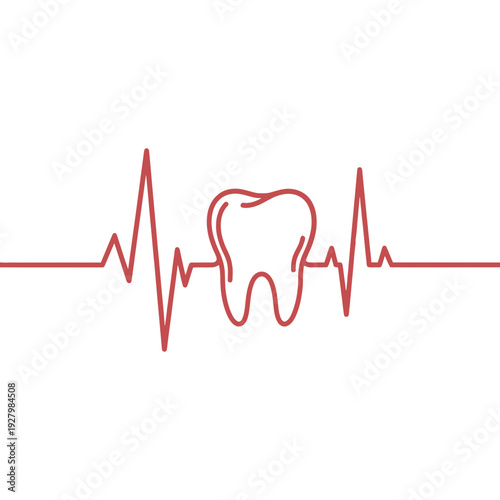 A healthy molar tooth is centrally placed within a continuous red heartbeat line