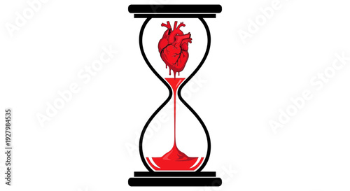 A realistic human heart slowly pouring like sand into the bottom of a black hourglass.