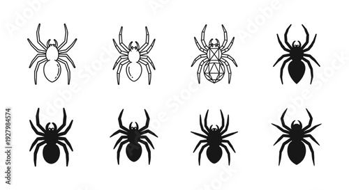 An array of eight distinct spider icons featuring both outline and solid black designs