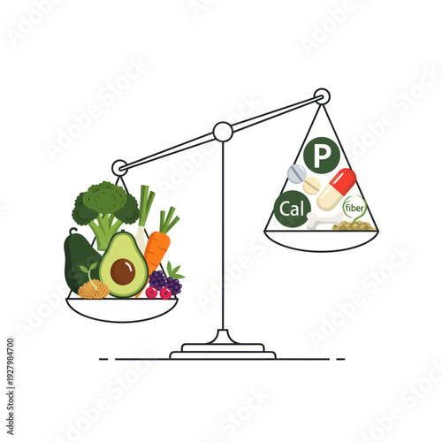 Balance scale comparing natural food with vitamin supplements