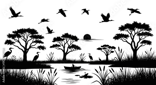 Serene wetland landscape with birds and trees in black silhouette.