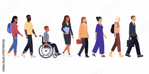 Diverse group of people walking in a line showcasing inclusivity