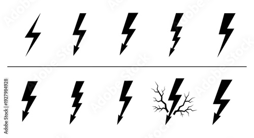 A diverse set of ten black lightning bolt icons, showcasing various styles and designs of electricity symbols.