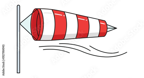 A graphic illustration of a red and white striped windsock indicating wind direction on a clear day.