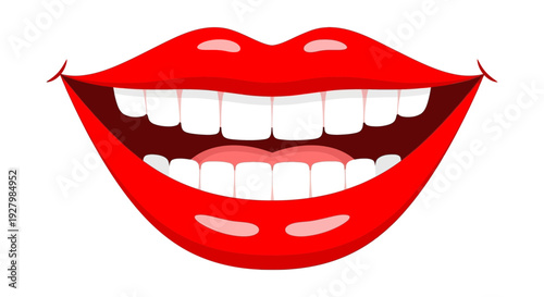 A vibrant cartoon illustration depicting glossy red lips with a wide, bright smile revealing perfectly white teeth.