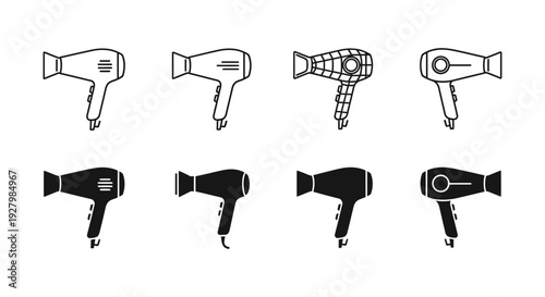 A collection of black and white line art and solid silhouette icons of various hair dryer designs.