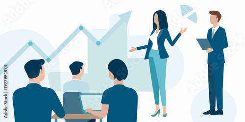 Business professionals collaborating and presenting data in a modern office