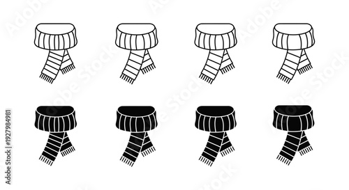 A series of line art and solid silhouette icons featuring winter hats combined with scarves in various styles.