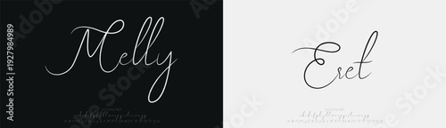 Melly Eret, Script luxury wedding alphabet letters font with tails. Typography elegant classic serif fonts and number decorative vintage retro concept for logo branding. vector illustration
