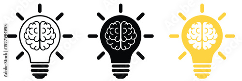 Idea lightbulb with brain icon set, creativity and intelligence concept, innovation and thinking symbols, brain inside light bulb illustration, editable vector