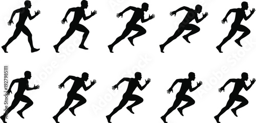 Running athlete silhouette set, vector collection of sprinter poses in motion isolated on white background sports illustration