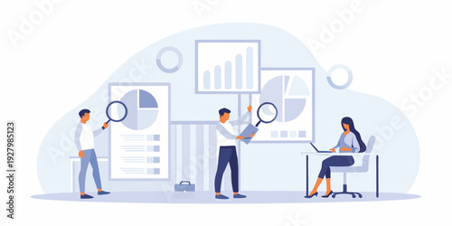 Team analyzing data and charts with modern business illustrations