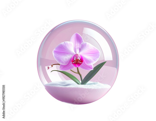 Pink orchid flower inside a clear glass sphere with white sand