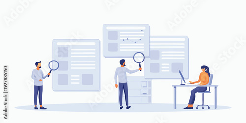 Team analyzing data and reports with magnifying glasses and a computer