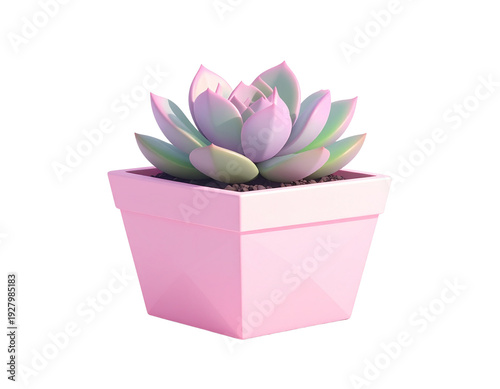 Pink succulent plant with pastel purple leaves in geometric pot isolated on transparent background